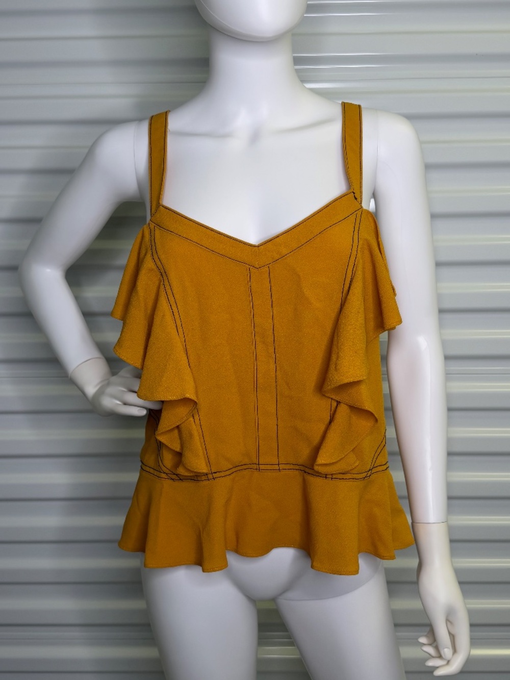 1.STATE Mustard Yellow Ruffle Camisole Peplum Top Contrast Stitch Tank Size S